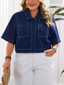 EMERY ROSE Plus Size Casual Denim Jacket, Short - Dark Wash - View 1