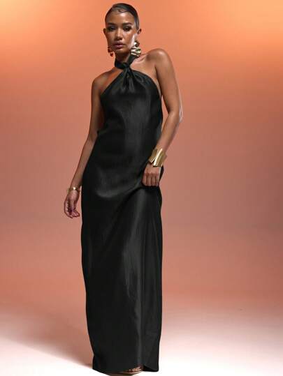 MUSERA Vestido maxi elegante y sexy con cuello halter de satén con nudo delantero, cuello halter abierto, espalda drapeada suelta, ideal para primavera, verano, vacaciones, playa, Ibiza, fiestas, bodas, citas, otoño e invierno