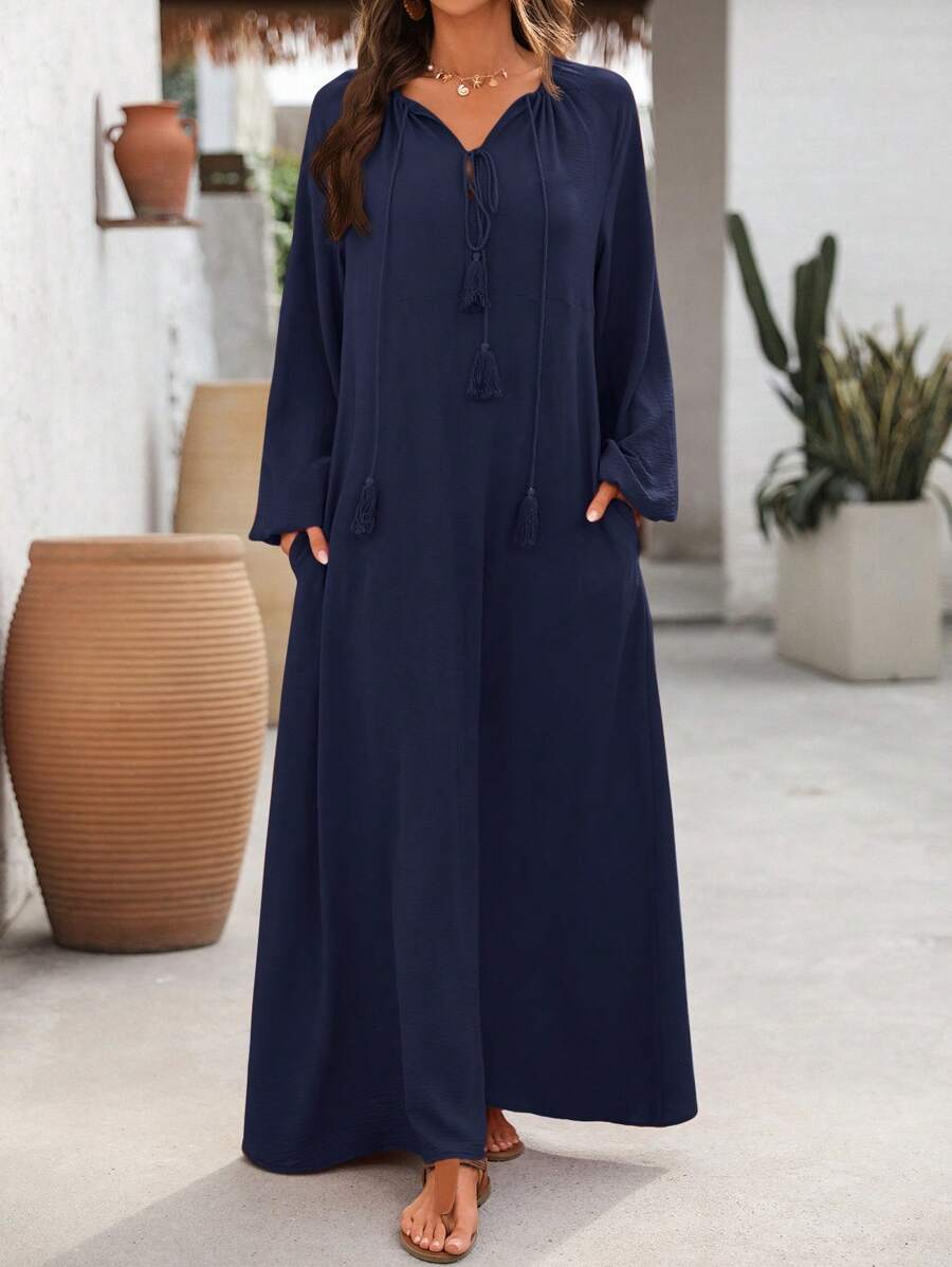 EMERY ROSE Women's Solid Color Front Tie Long Sleeve Pockets Casual Loose Dress - Navy Blue - View 1
