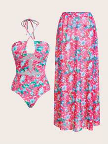 Swim Oasis 1pc Women's Swimsuit With Watercolor Ditsy Floral & Hollow-Out Bandage Design, One-Piece With A-Line Skirt Cover-Up, Spring/Summer Resort - Multicolor - View 5