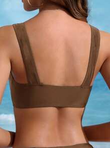Swim Lushoire Women's Solid Color Twist Design Bikini Top, Summer Beach - Brown - View 2