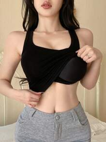 DAZY 女式迷人蕾丝拼布内置衬垫背心 - 黑色 - 查看 3