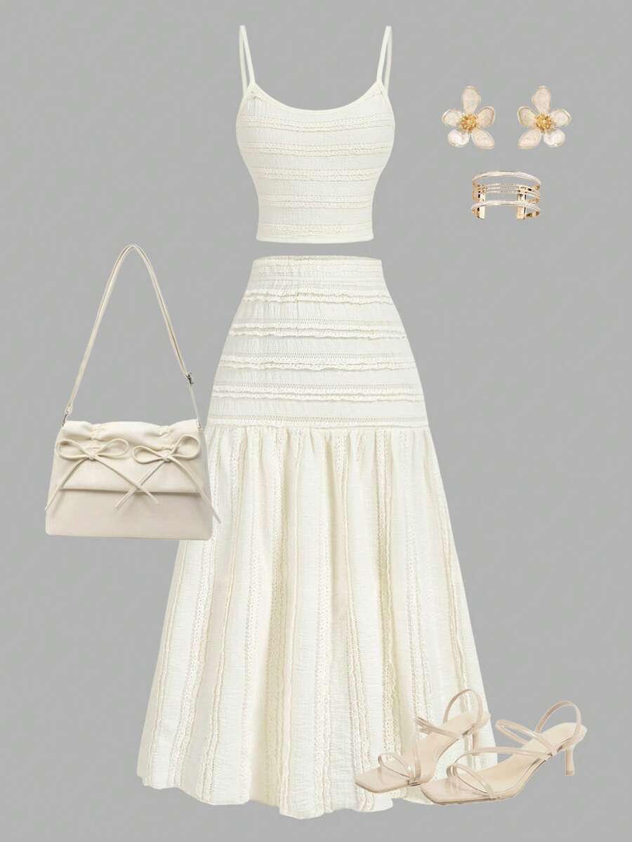 SHEIN 2件套青少年女孩休闲吊带背心和纹理短裙套装