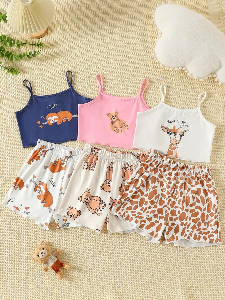 3 件套女孩休闲卡通动物图案细肩带上衣搭配短裤家居服套装 - 彩色 - 查看 1
