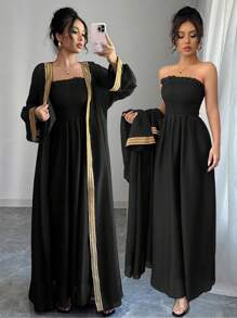 Chiquease 2pcs Women's Fashion Splicing Webbing Long Sleeve Jacket And Flowy Strapless Dress Set - Black - View 1