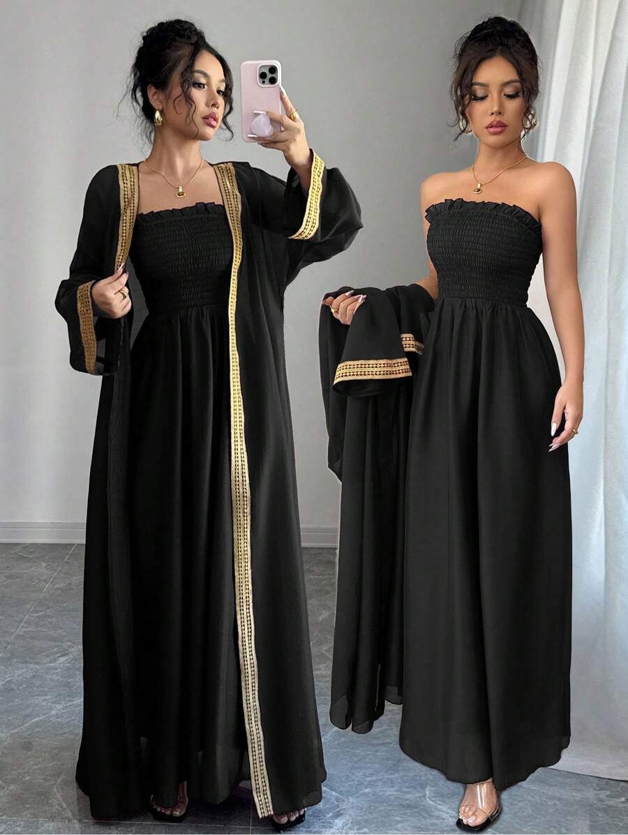 Chiquease 2pcs Women's Fashion Splicing Webbing Long Sleeve Jacket And Flowy Strapless Dress Set - Black - View 1