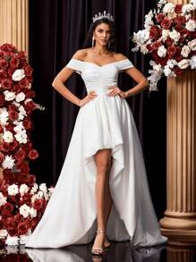 Glamrae Elegant And Gorgeous White Luxurious Satin Off The Shoulder Gathered Short Front And Long Back Design Tail Dress Suitable For Wedding Festival Bridal Dress Formal Occasion Wedding Dress, Bride - White - View 1