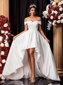 Glamrae Elegant And Gorgeous White Luxurious Satin Off The Shoulder Gathered Short Front And Long Back Design Tail Dress Suitable For Wedding Festival Bridal Dress Formal Occasion Wedding Dress, Bride - White - View 7