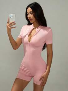 SHEIN PETITE Women's Casual Pink Knitted Unitard With Stand Collar, Short Sleeves, And Zipper Detail - Pink - View 5