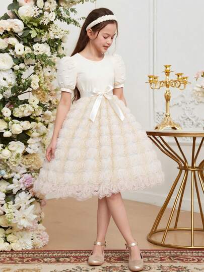 Tween Girls Pearl Sleeve 3D Flower Decor Elegant Dress With Belt, Summer