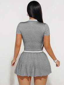 Sirith 2pcs/Set Summer Casual Contrast Color Striped Short Sleeve Top And Pleated Skirt