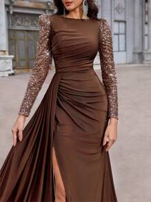 Aureia Spring And Summer Elegant Romantic Gorgeous Coffee Color Luxury Sequins Embroidery Stitching Elastic Knitted Material Round Neck Gathered See-Through Long Sleeves High Slit Slim Fishtail Hem Dress, Suitable For Single Party Date Dance Birthday Holiday Wedding Event Music Festival Dinner Dress, Wedding Guest Dress, Formal Dress, Evening Dress, Gown, For Valentine's Day - Coffee Brown - View 1