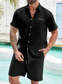 Manfinity RSRT 大码男士热带植物印花短袖衬衫和短裤假日休闲套装 - 黑色 - 查看 5