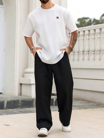 Manfinity Homme Plus Size Men's Solid Color Textured T-Shirt And Pants Set