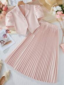 SHEIN 2pcs Set: Teen Girls Ruched Collar Short Sleeve Buttoned Blazer Jacket And Ruched Midi Skirt - Pink - View 3