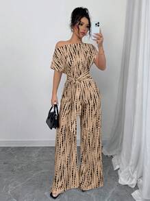 Elenzga 女式扎染印花不对称领阔腿连体裤，适合约会、工作、度假、节日、夏季休闲装、波西米亚风格 - 棕色 - 查看 4