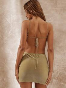Musera Resort Halterneck Sparkly Lurex Knit Cut Out Side Abstract Metal Detail Fitted Mini Dress Cover Up Boho Ibiza Cute Sexy Vacation Summer Beach Swimwear Hot Skin
