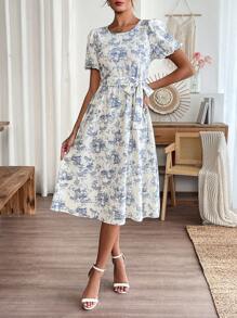 EMERY ROSE Damen Lässig Urlaubsstil Kleid mit Blume Muster und Rundhalsausschnitt, Kurzarm - Babyblau - Übersicht 3