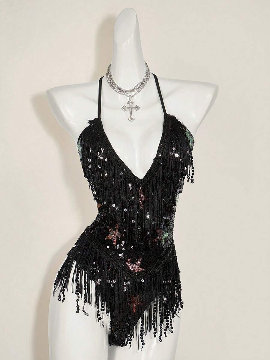 SHEIN ICON Y2K 90s Clothes Music  Festival Rave Deep V-Neck Pentagram Tassel Decor Backless Cross Strap Bodysuit