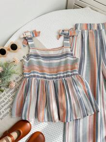 LMoss Kids LMoss 2 件套 Tween 女童编织条纹褶皱吊带背心和宽松休闲裤套装 - 橘色 - 查看 5
