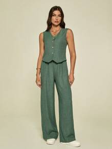 SHEIN Tall Women's Summer Casual Solid Color Vest And Pants 2 Pieces Set - Green - View 4