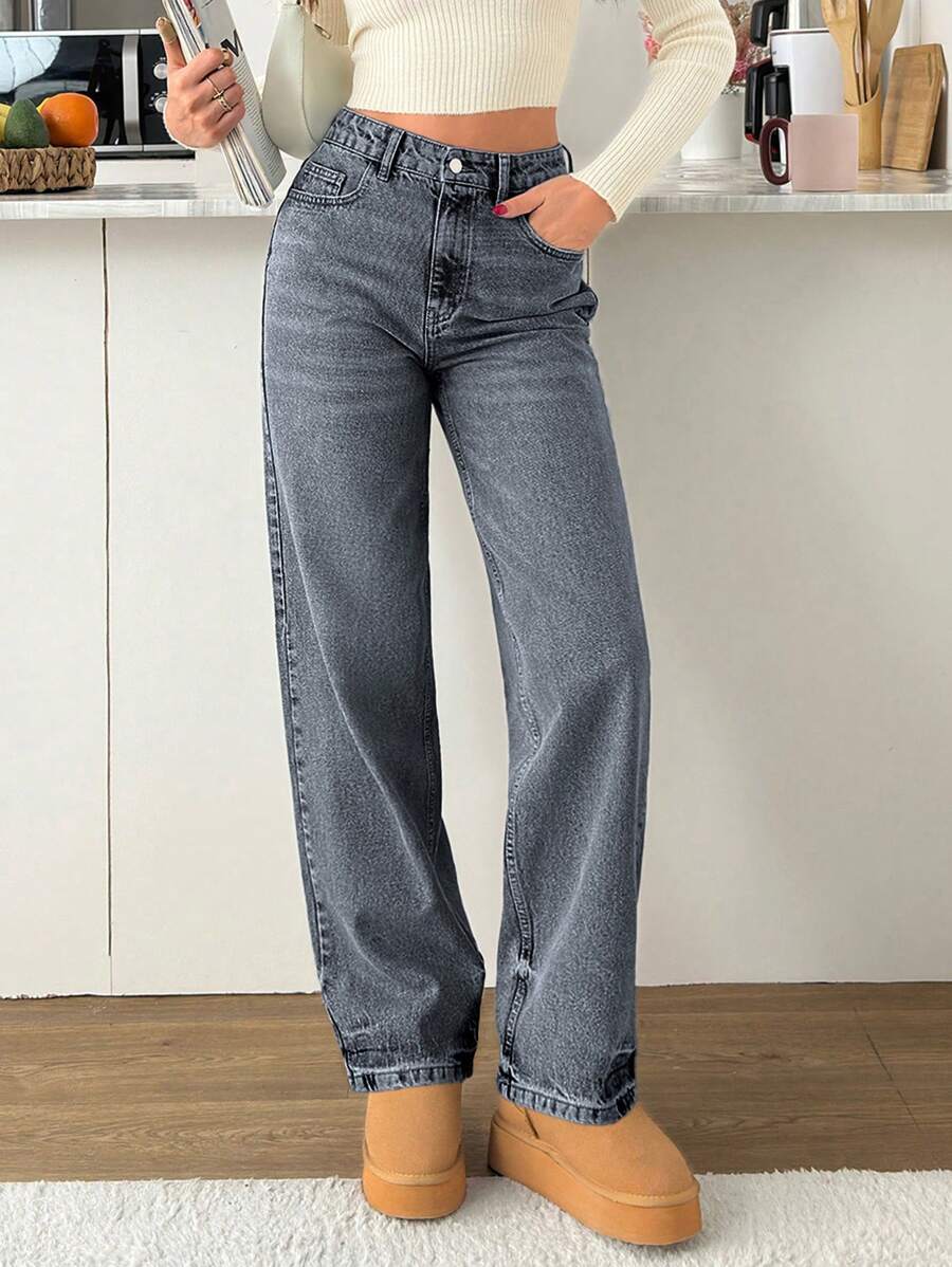 EURMUSE Calça jeans feminina cintura alta com bolso, perna reta, solta, casual e versátil - Cinza claro - Ver 1