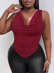 Maweii Plus Size Women Solid Color Draped Neck Fitted Fashion Tank Top - Red - View 1
