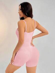 SHEIN PETITE Casual Simple Solid Color Suspender Jumpsuit Suitable For Summer Tight Women's Bodysuit - Pink - View 2
