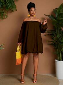 Maweii Plus Size Solid Color Off-Shoulder Long Sleeve Elastic Waist Short Dress Fall - Coffee Brown - View 3