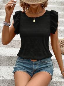EMERY ROSE Vacation Casual Solid Color Flutter Sleeves Criss-Cross Back Blouse - Black - View 5