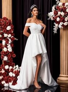 Glamrae Elegant And Gorgeous White Luxurious Satin Off The Shoulder Gathered Short Front And Long Back Design Tail Dress Suitable For Wedding Festival Bridal Dress Formal Occasion Wedding Dress, Bride - White - View 3