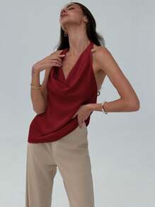 Aloruh Minimalist Commuting Choker Neck Form-Fitting Chic Camisole For Women,Rave Top - Burgundy - View 4