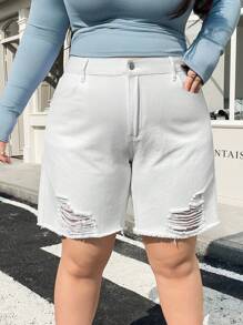 SHEIN EZwear 大码休闲纯色破洞牛仔短裤 - 白色 - 查看 2
