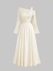 SHEIN MOD 加大码杏色露肩网眼二合一喇叭袖长袖女式连衣裙，西式，复古，70 年代，单身女郎，情人节 - 杏色 - 查看 1