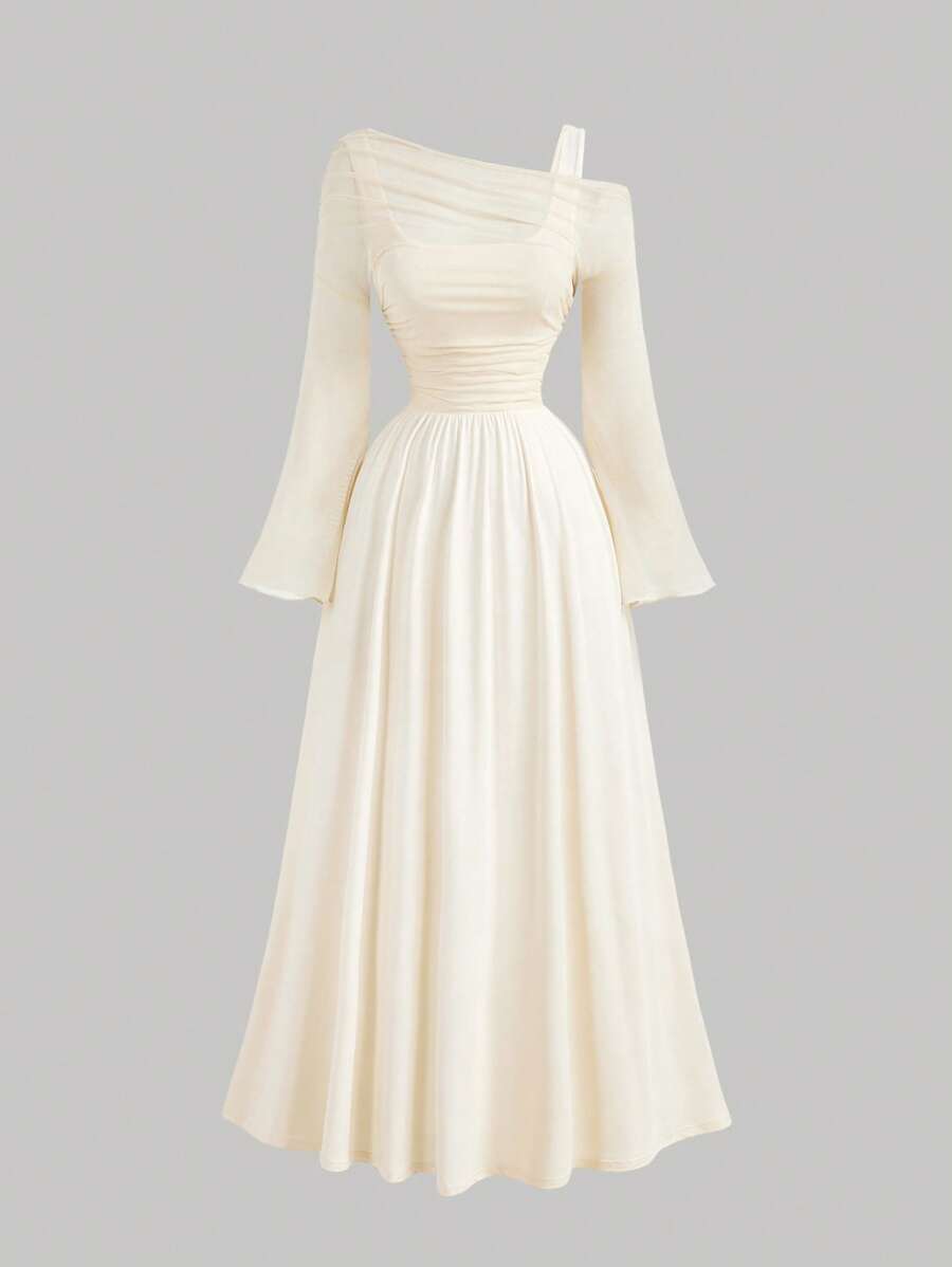 SHEIN MOD 加大码杏色露肩网眼二合一喇叭袖长袖女式连衣裙，西式，复古，70 年代，单身女郎，情人节 - 杏色 - 查看 1