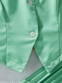 SHEIN 2pcs/Set Teen Girls Lapel Ruched Short Sleeve Button Front Blazer And Ruched Midi Skirt Suit - Green - View 6