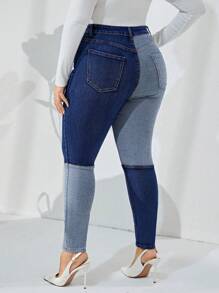 SHEIN Privé Plus Size Old Money Patchwork Elastic Skinny Jeans - Blue - View 7