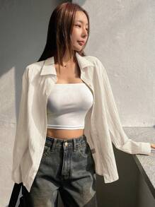 DAZY Loose Casual Street Style Women Long Sleeve Shirt,Fall Women Clothes - Beige - View 5