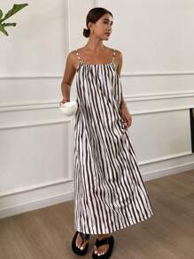 Women's Striped Loose Casual Versatile Midi Slip Dress - Brown - View 3