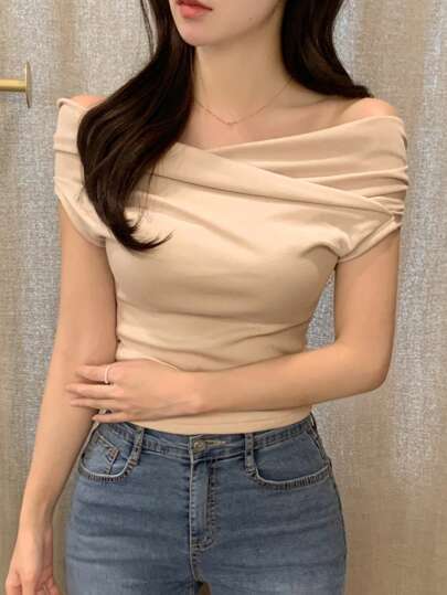 DAZY Women Solid Color Off-Shoulder Short Sleeve T-Shirt, Spring/Summer,Off Shoulder Top