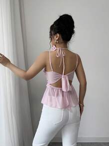 SHEIN Unity Elegant Ladies Dusty Mauve Summer Party Tank Top,Spaghetti Strap Criss-Cross Ruffle Asymmetric Double Layer Hem Back Tie 3D Rose Decor Cute Pink - Pink - View 2