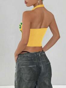 Flirla Streetwear Damen Farbblock 98 Buchstaben Muster Tiefer V-Ausschnitt Trägertop