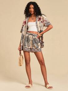 Travachic 2pcs Vacation Casual Tropical Print Shirt & Shorts Set,Two Pieces Set Women,Vacation Outfits Women,Boho,Summer,Summer Outfits For Women,Beach Outfits For Woman,Short Sets For Women - Apricot - View 1