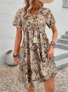 EMERY ROSE 女士花卉印花 V 领短袖休闲迷你度假连衣裙 - 卡其色 - 查看 3