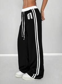 StreetHx 女士春夏数字印花腰部插入休闲运动街头服饰复古长款运动裤 - 黑色 - 查看 4