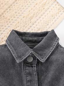 SHEIN 夏季年轻女孩洗水牛仔翻领荷叶边袖系带牛仔连衣裙 - 灰色 - 查看 3