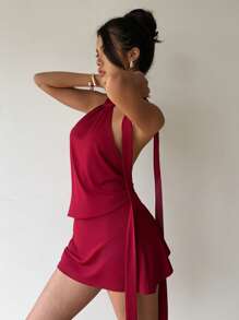 Aloruh Robe mini dos nu rose rouge avec col ras-du-cou pour femmes - Framboise - Voir 5