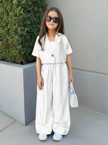 SHEIN Nova Glow Tween Girls Woven Solid Color Lapel Neck Short Sleeve Jacket And Straight-Leg Pants Casual Outfit Set - White - View 1