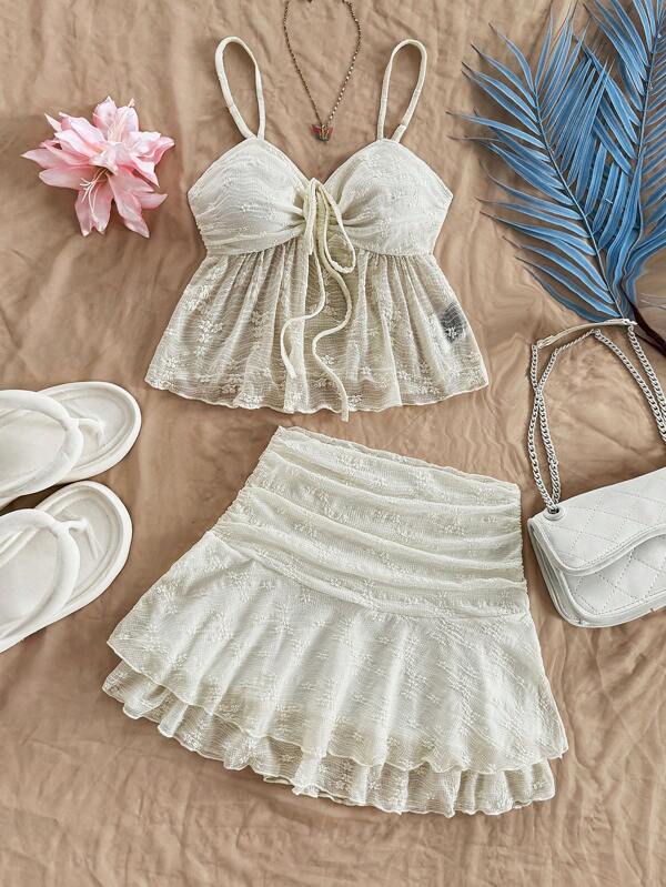 Soleia 2pcs Set: Women's Textured Drawstring Bust & Ruffle Hem Cami Top And Layered Ruffle Mini Skirt, Fitted Slim Silhouette, Vacation, Party, Date, Afternoon Tea, Back To School, Graduation, Beach Outfit