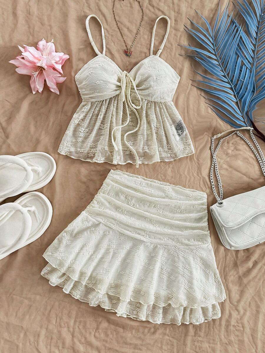 Soleia 2pcs Set: Women's Textured Drawstring Bust & Ruffle Hem Cami Top And Layered Ruffle Mini Skirt, Fitted Slim Silhouette, Vacation, Party, Date, Afternoon Tea, Back To School, Graduation, Beach Outfit Boho - Beige - View 1